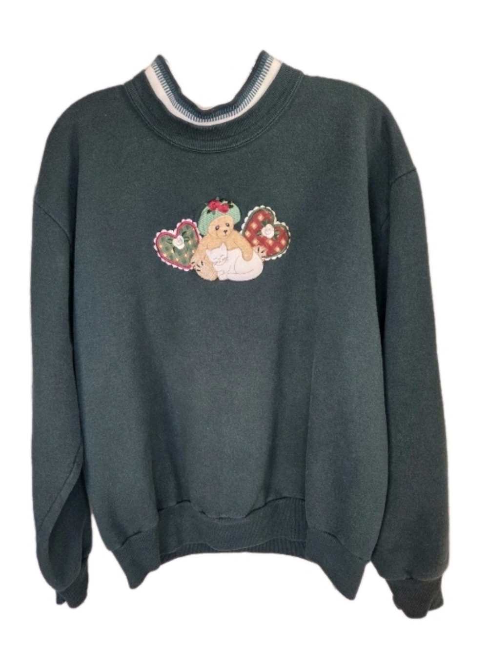 Vtg Top Stitch By Morning Sun Womens  Sweatshirt Size L Bear/Cat Hunter Green
